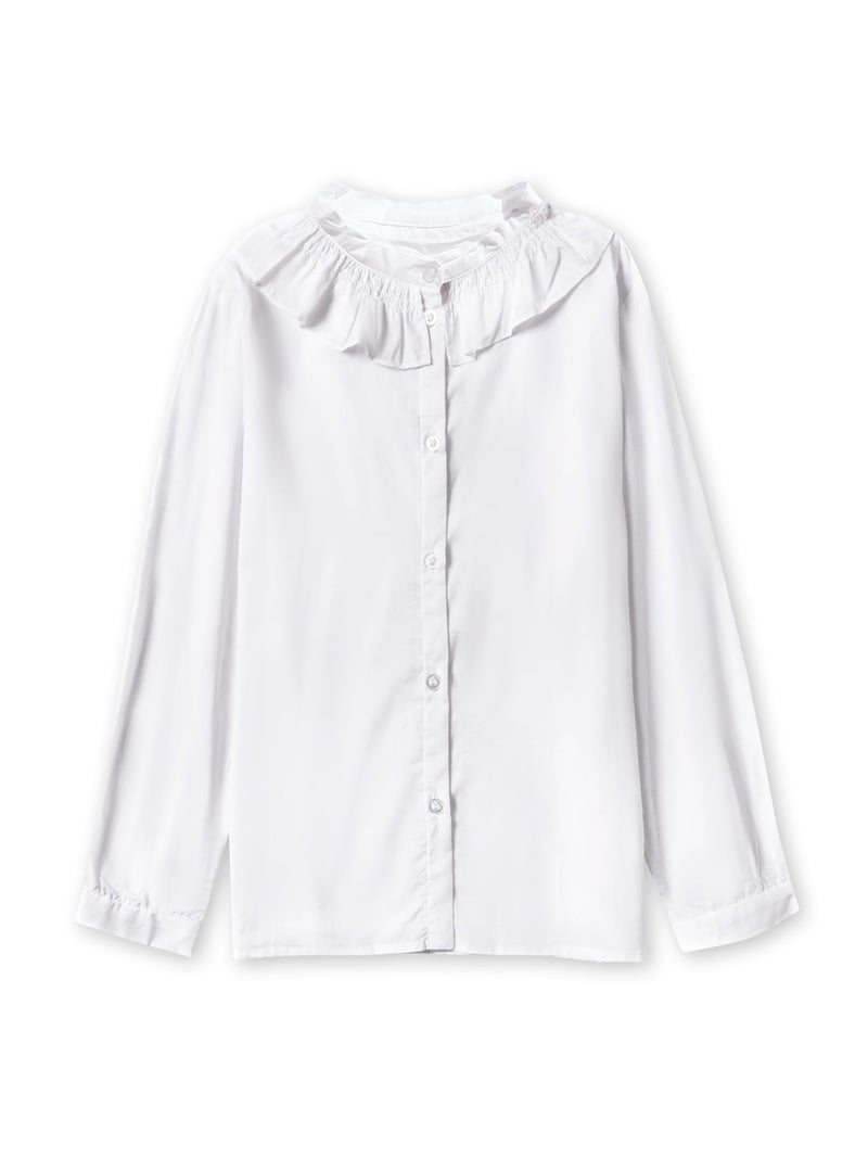 SOLOCOTE Girls White Blouse Ruffle Long Sleeve Button Down Shirts Princess Cotton Loose Soft Tops Spring and Summer, SLN9011 11-12 White - Image 1